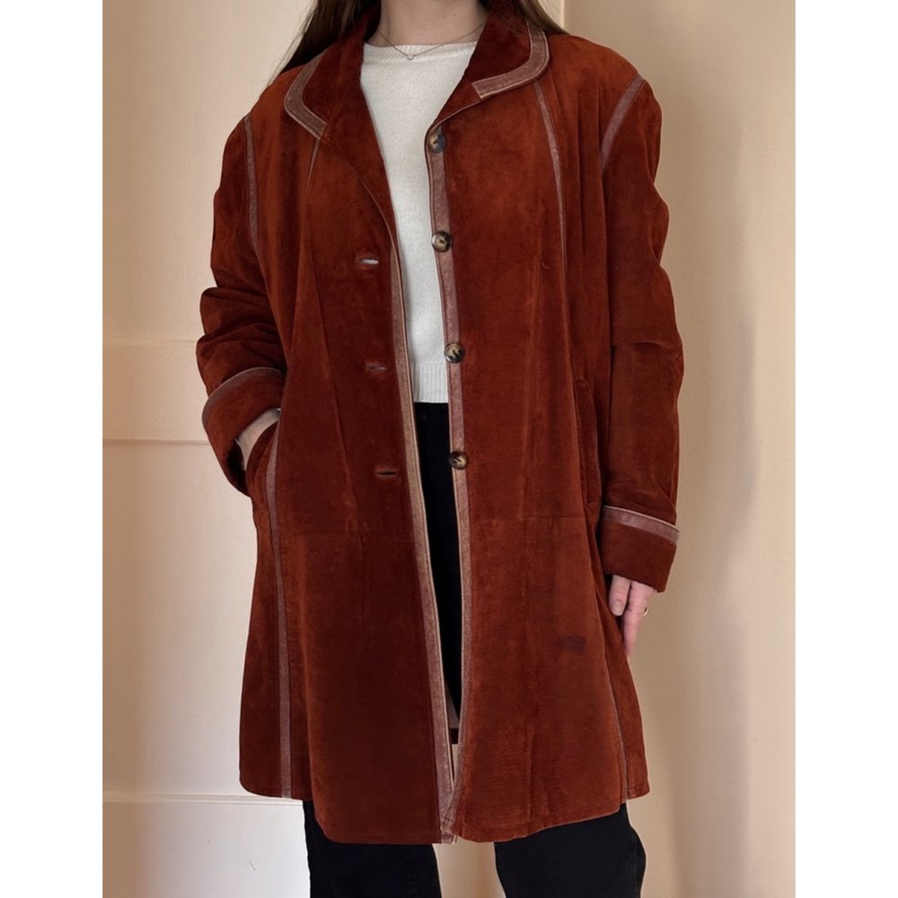 Long burnt orange leather coat